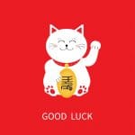 Japanese Maneki Neco cat waving hand paw icon. Lucky white cat sitting and holding golden coin. Feng shui Success wealth symbol mascot. Cute cartoon character. Good luck. Flat Red background