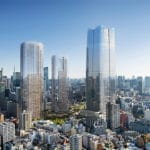 Rendering of Toranomon-Azabudai project, tree high-rise towers in central Tokyo